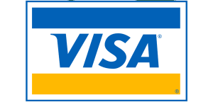 The image shows the VISA logo with the word VISA in bold blue letters, set between a blue stripe at the top and a gold stripe at the bottom on a white background, symbolizing trusted payment options.