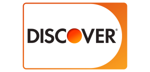 The Discover logo, representing Payment Options, features the word DISCOVER in black capital letters with an orange gradient circle replacing the letter O, set against a white background with an orange curved border on the right side.