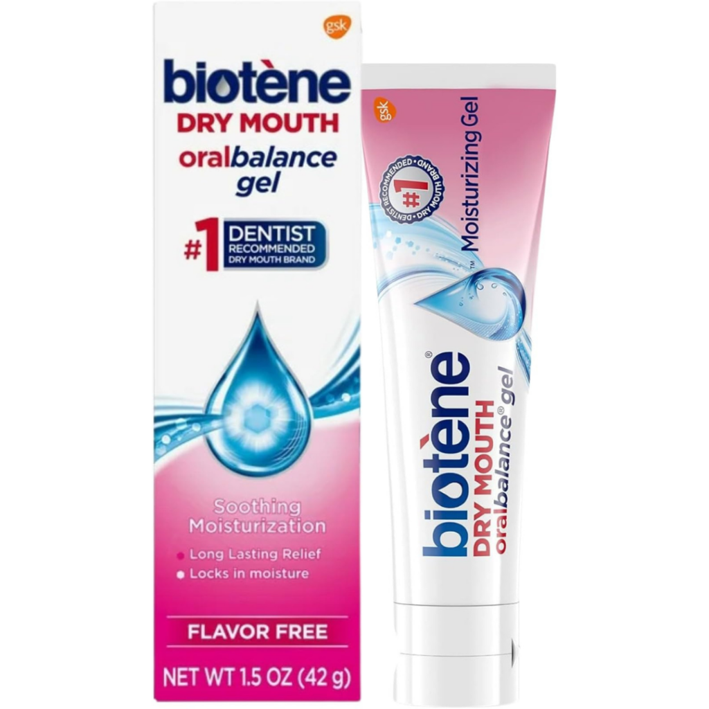 BiotÃ¨ne Dry Mouth Oralbalance Gel box and tube, labeled Moisturizing Gel with blue water droplet graphics. The products' packaging highlights soothing moisture, long-lasting relief, and a flavor-free formula.