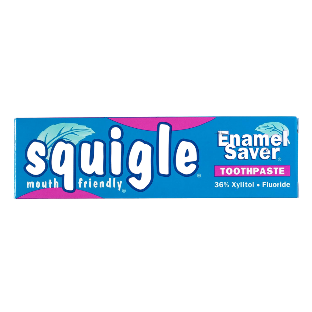 A box of Squigle Enamel Saver Toothpaste, one of the best oral care products, blue with pink accents, labeled â€œmouth friendlyâ€ and â€œ36% Xylitol + Fluoride.â€.