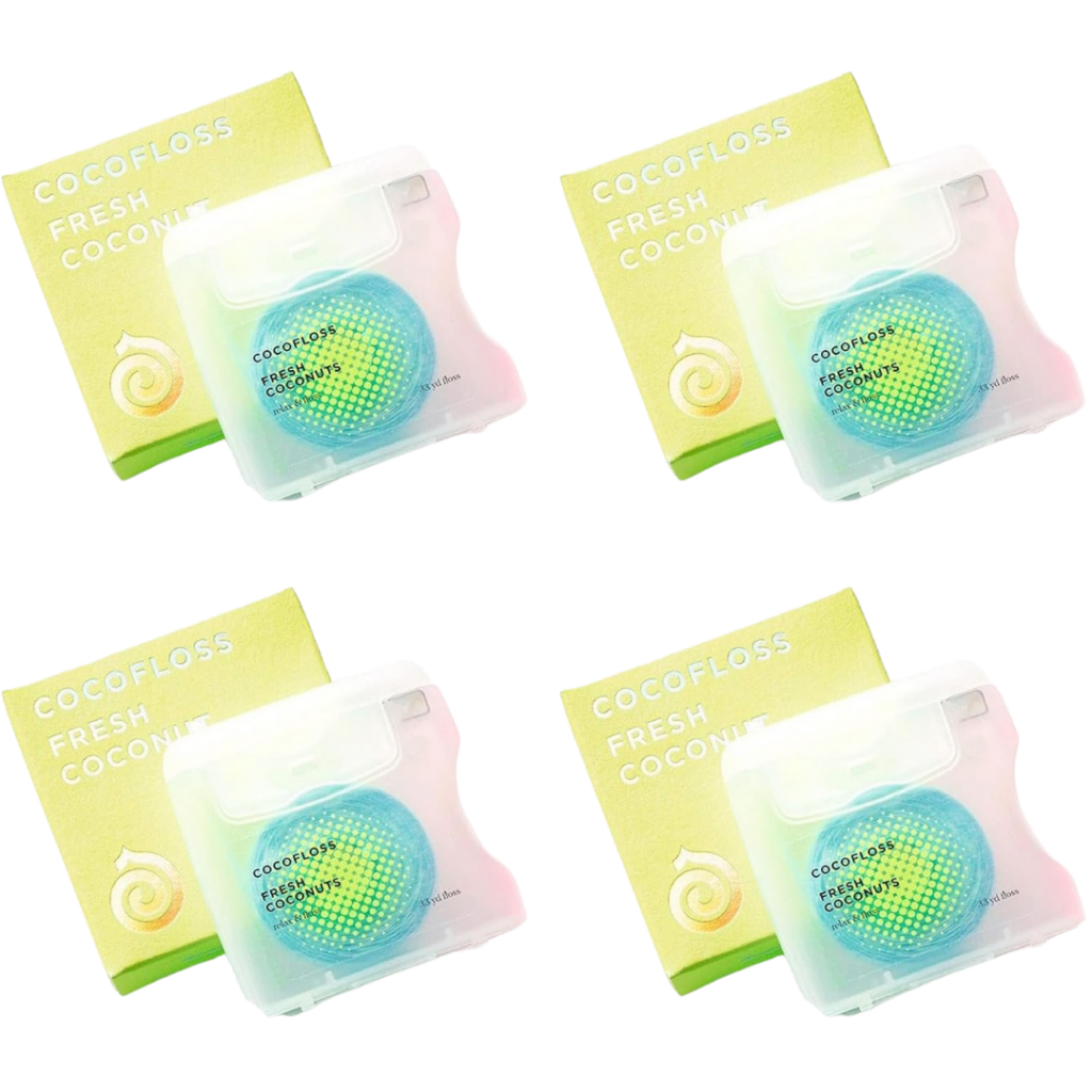Four sets of Cocofloss Fresh Coconut products are arranged in a grid pattern. Each set features a green and blue floss container placed next to a yellow-green box labeled Fresh Coconut.