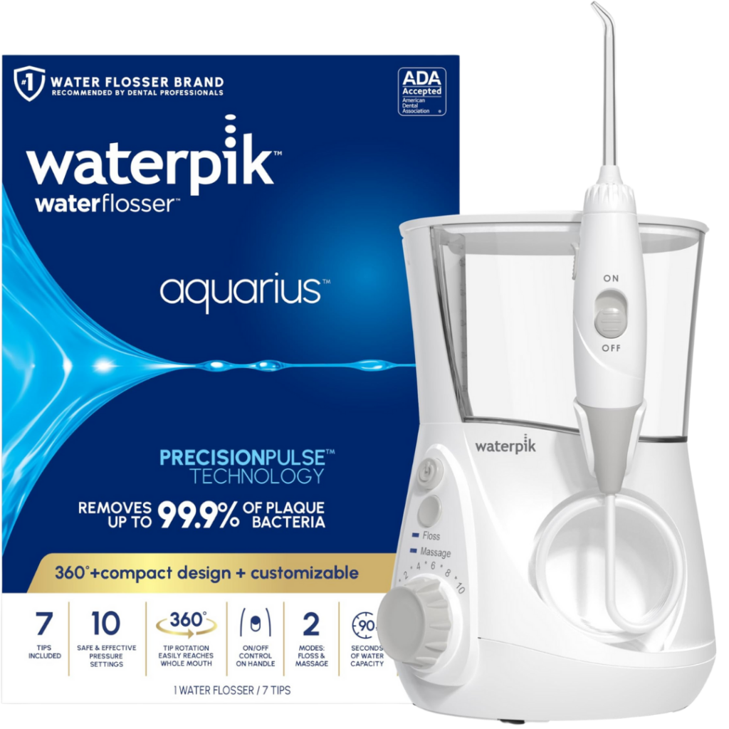 Waterpik Aquarius Water Flosser products feature Precision Pulse technology, 7 tips, 360Â° rotation, and remove up to 99.9% of plaque bacteria. The white device comes with a clear water tank and detailed packaging highlighting its benefits.