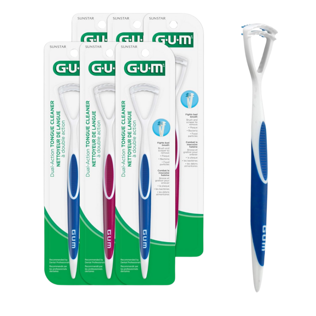 Four GUM dual-action tongue cleaner products in packaging (three with blue and one with pink handles) are shown, plus one unboxed blue tongue cleaner to the right. The cleaners have a white head with a blue grip.