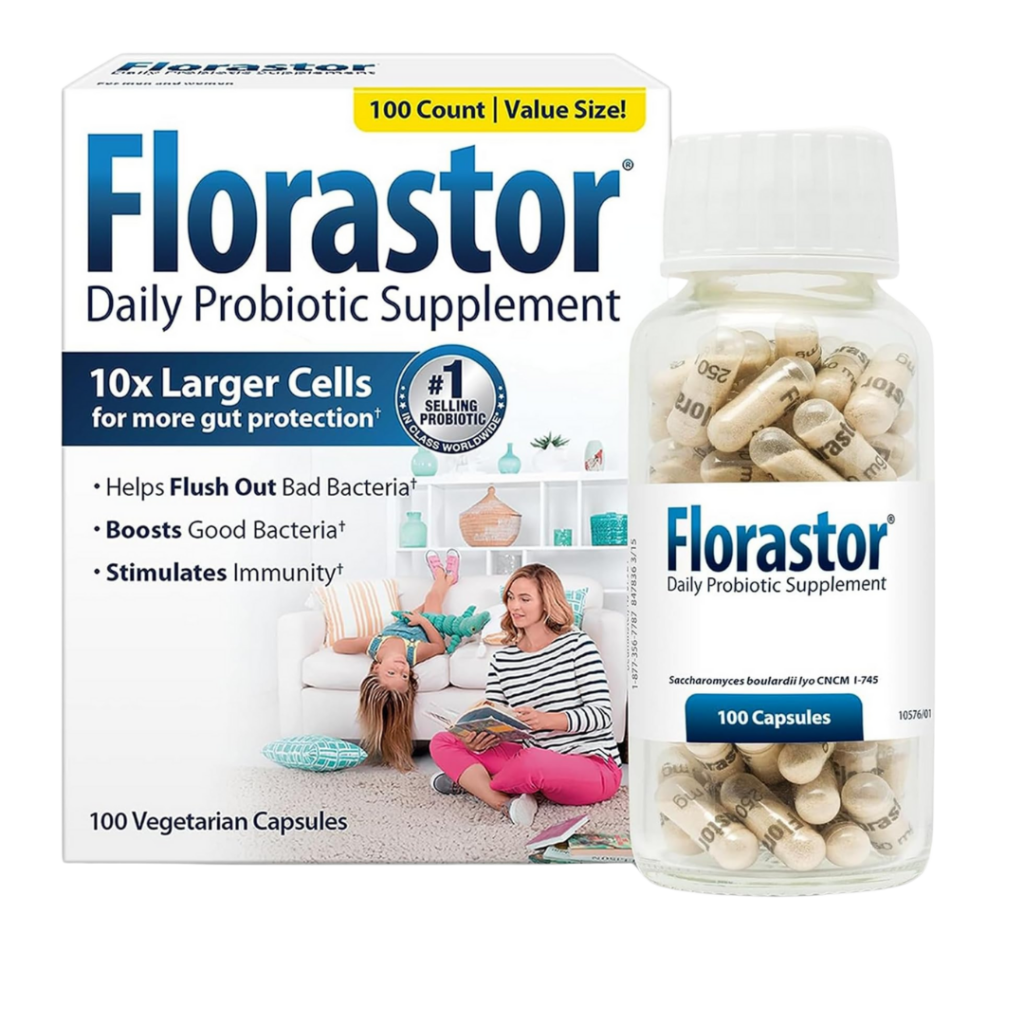 A box and bottle of Florastor Daily Probiotic Supplement products are shown. The packaging highlights benefits such as 10x larger cells, flushing out bad bacteria, boosting good bacteria, and stimulating immunity.