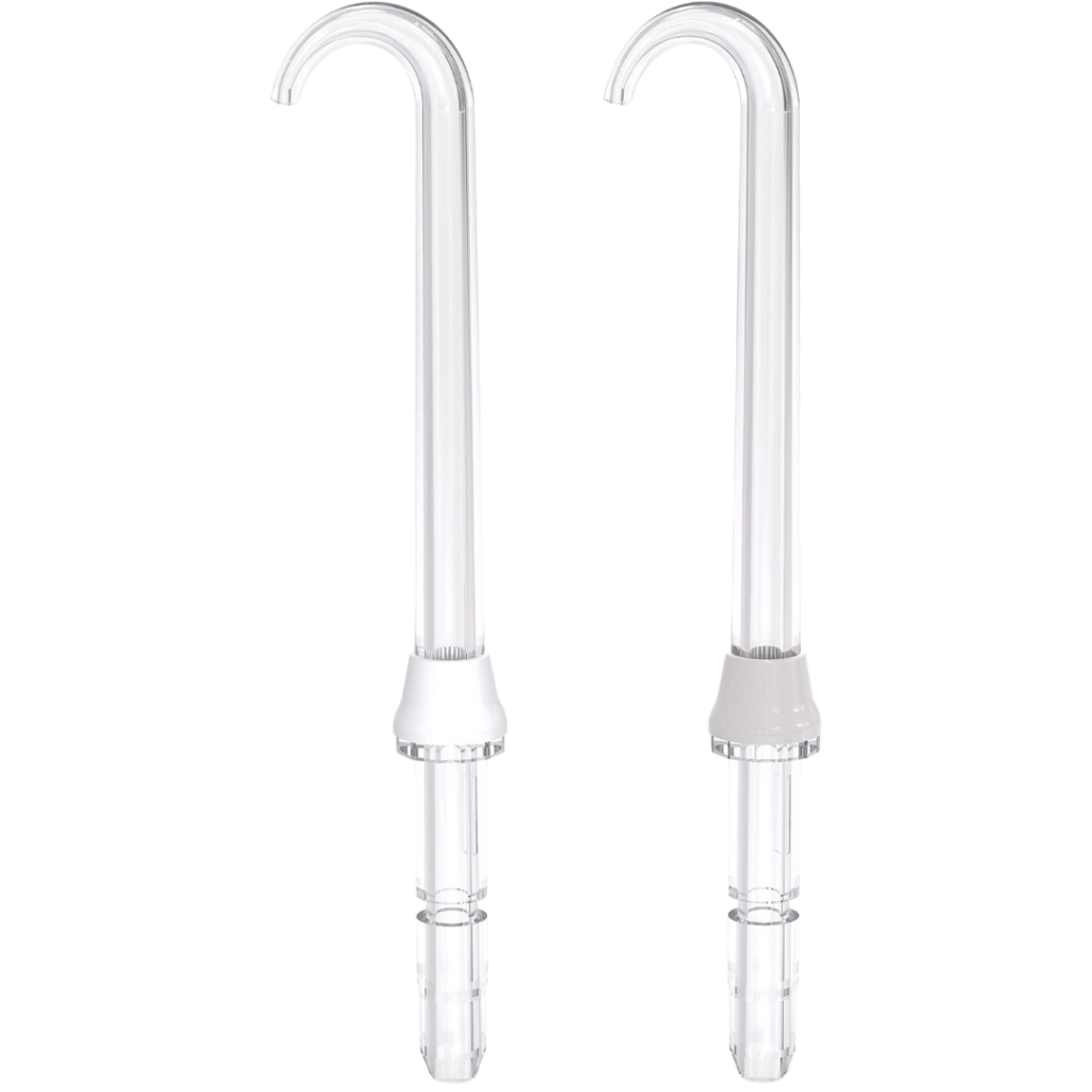 Two identical clear plastic water flosser tips with curved ends are shown side by side on a plain white background. These products each feature a connector base for easy attachment to your water flosser device.