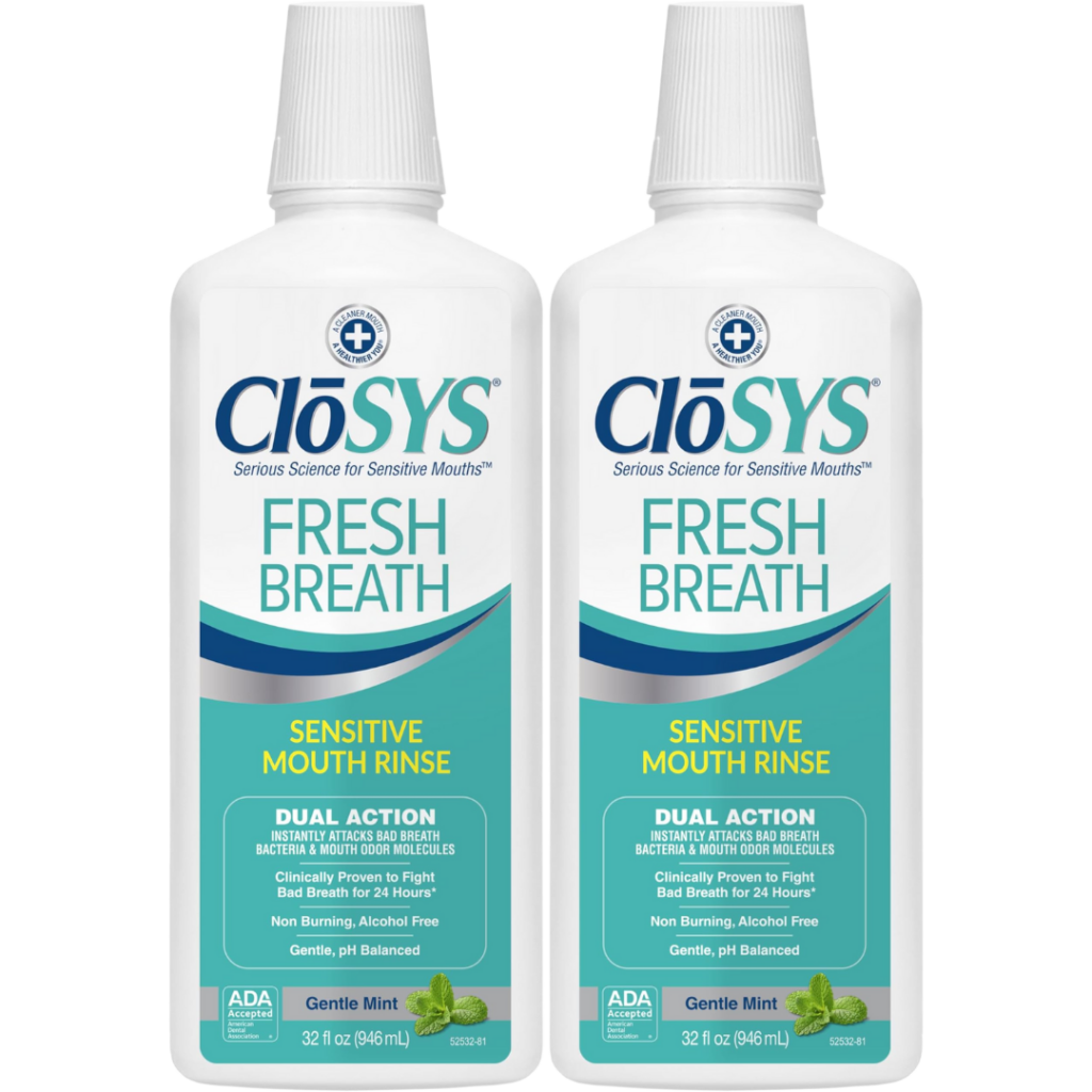 Two bottles of CloSYS Fresh Breath Sensitive Mouth Rinse, each 32 fl oz, are featured among top oral care products. The white caps and teal label highlight its dual action, alcohol-free formula, and gentle mint flavor.