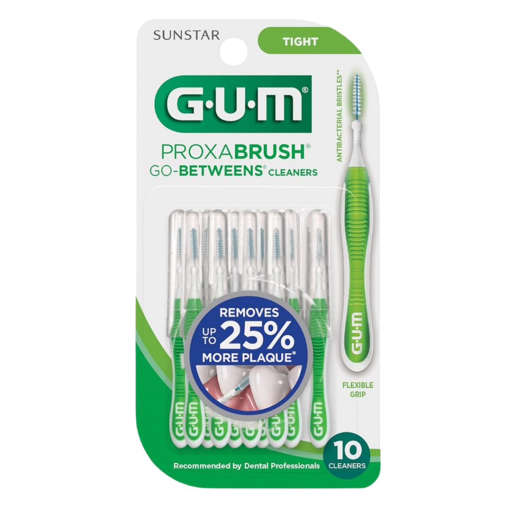 This package of GUM Proxabrush Go-Betweens Cleaners includes 10 tight interdental brushes. The products feature green and white brushes with a flexible grip handle and packaging that highlights â€œremoves up to 25% more plaque.â€.