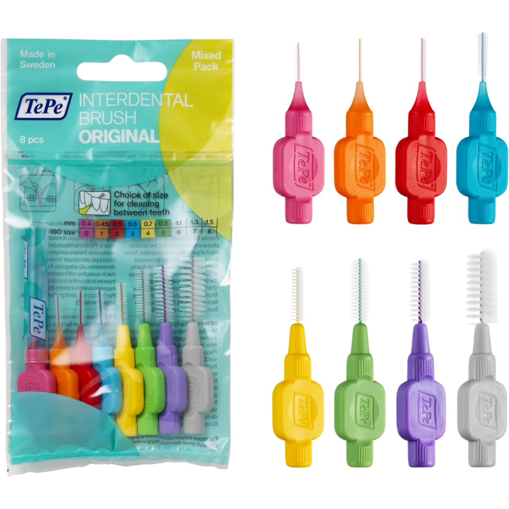 A package of TePe Interdental Brushes (8 pieces) products, featuring individual brushes in various colors and sizes arranged beside the pack. Each brush has a colored handle and a thin brush for cleaning between teeth.