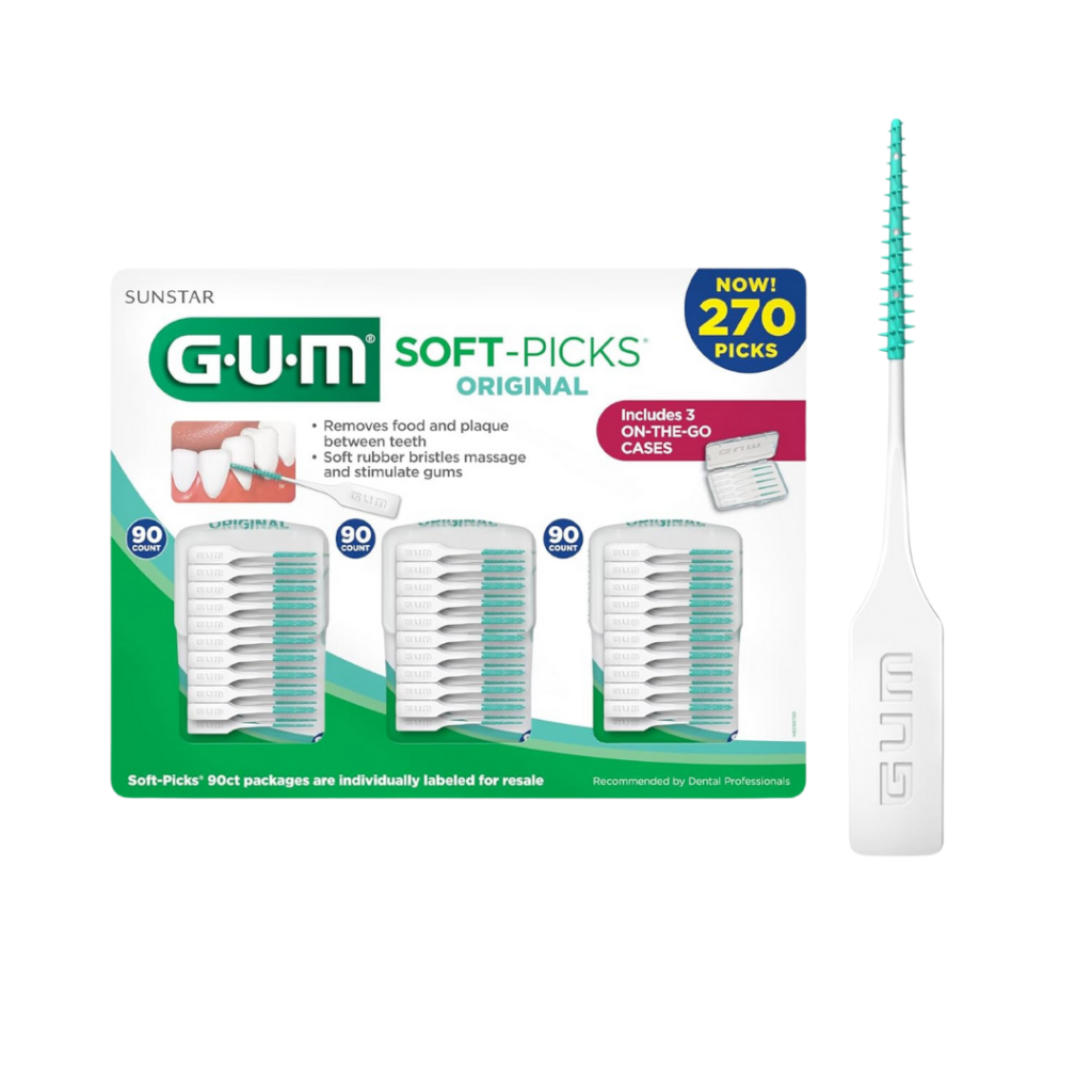 Box of GUM Soft-Picks Original with 270 picks, featuring product details, three on-the-go cases, and an individual soft pick with a white handle and green bristles on the right sideâ€”perfect for your oral care products collection.