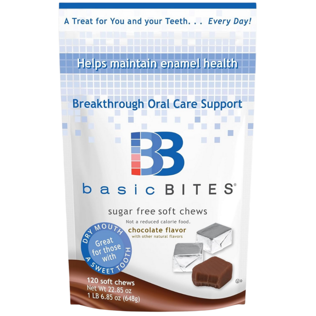 A bag of Basic Bites sugar-free soft chews, chocolate flavor. The packaging highlights enamel health, oral care support, and is labeled â€œGreat for those with dry mouth & sweet tooth.â€ These products feature images of chews and ice cubes.