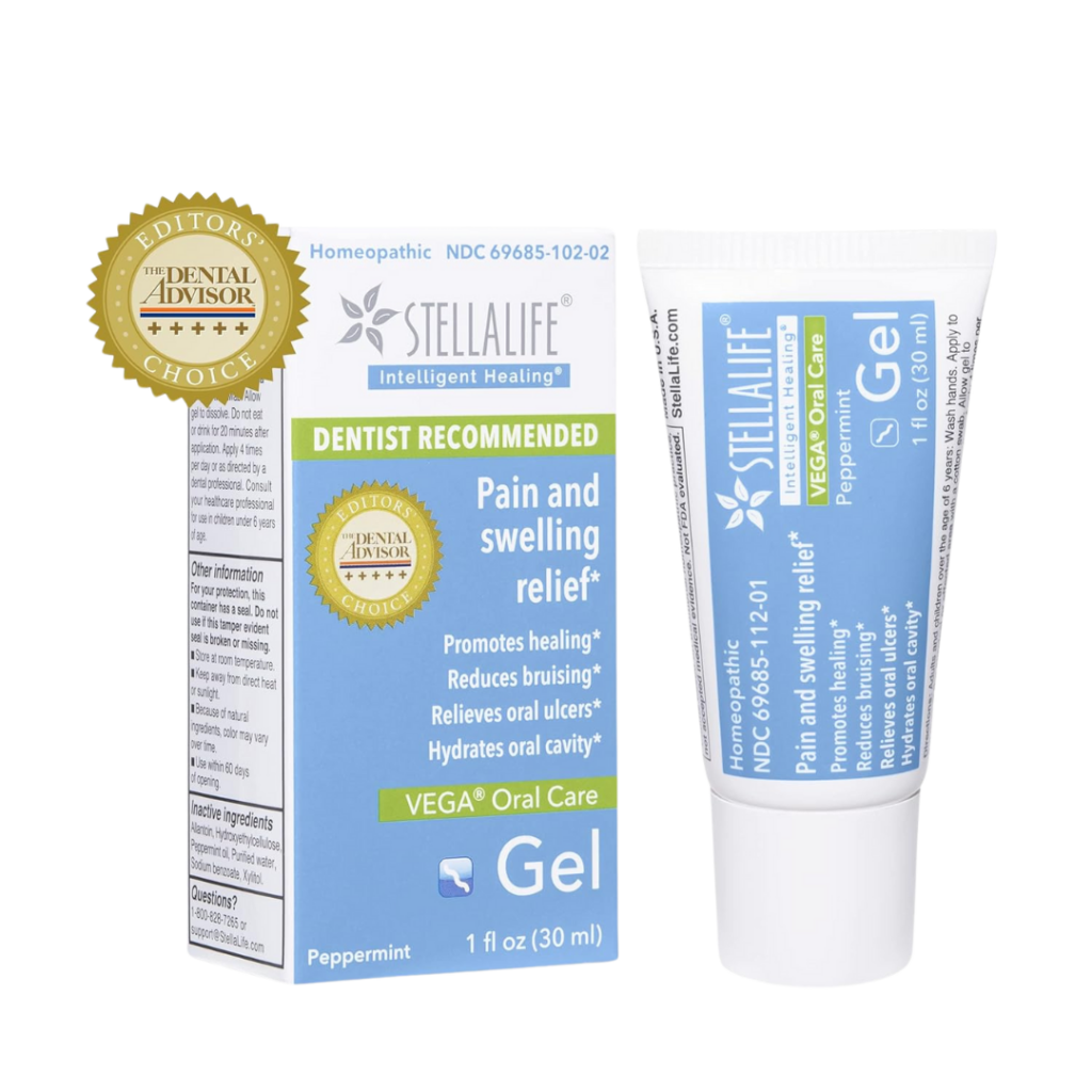 A box and tube of StellaLife Vega Oral Care Gel, peppermint flavor, for pain and swelling relief. The packaging features gold Editors Choice badges and highlights the products' benefits like promoting healing and reducing brushing discomfort.