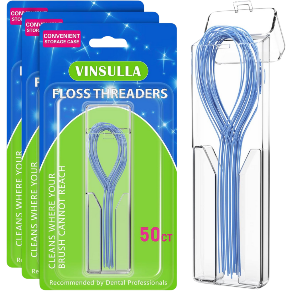 Three packs of Vinsulla floss threader products are shown, each containing blue flexible loops in a clear storage case. The packaging highlights a 50 count and states they clean where a brush cannot reach.