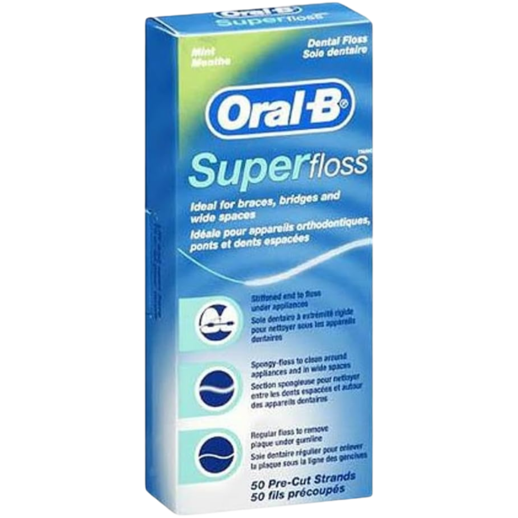 A blue box of Oral-B Super Floss dental products, labeled as ideal for braces, bridges, and wide spaces. The front of the box features text and illustrations describing the flossâ€™s features.