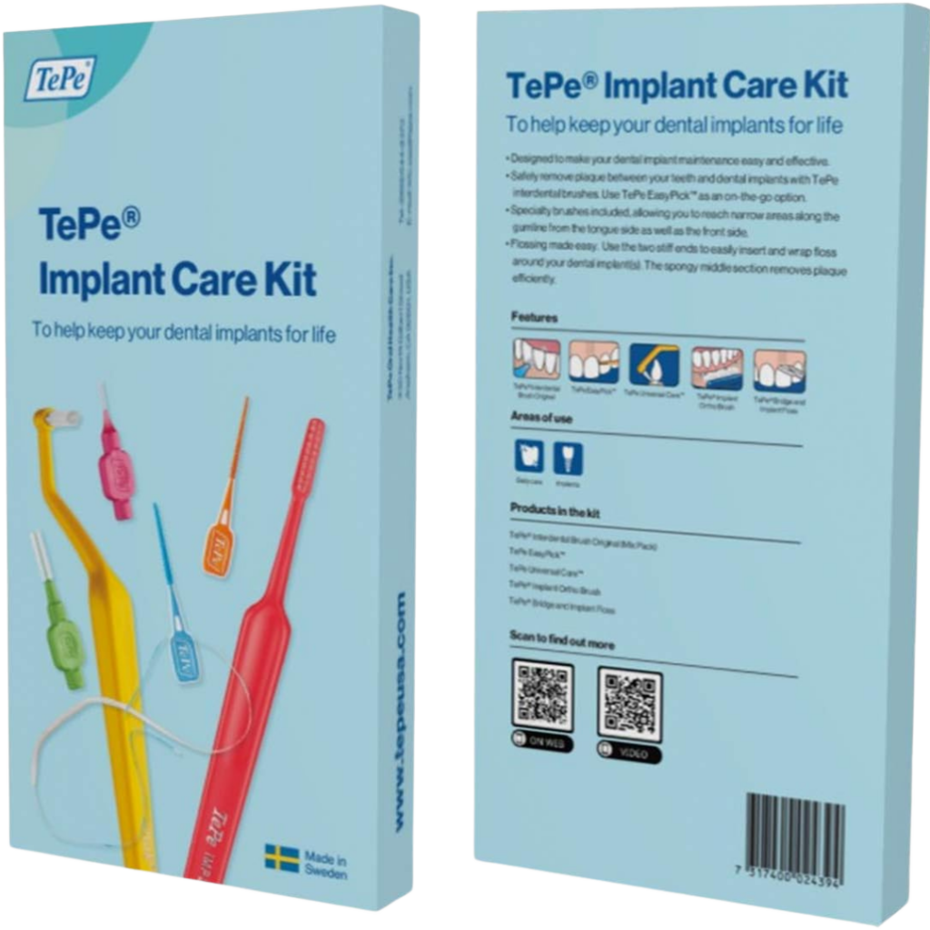 A blue box labeled TePe Implant Care Kit displays dental cleaning products on the front. The back details features, areas of use, product list, QR codes, and illustrations of teeth. The box is made in Sweden.