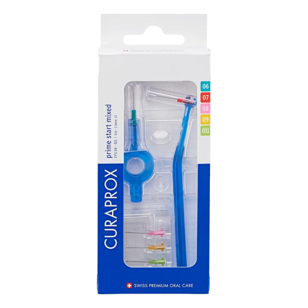 Box of Curaprox Prime Start Mixed interdental brushes, featuring a blue handle, multiple color-coded brush heads, and Swiss Premium Oral Care branding on the frontâ€”one of the most trusted oral care products.