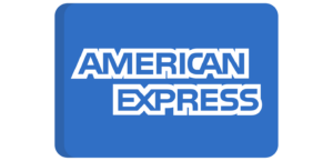 The American Express logo features bold white text reading AMERICAN EXPRESS on a solid blue background, representing trusted payment options.