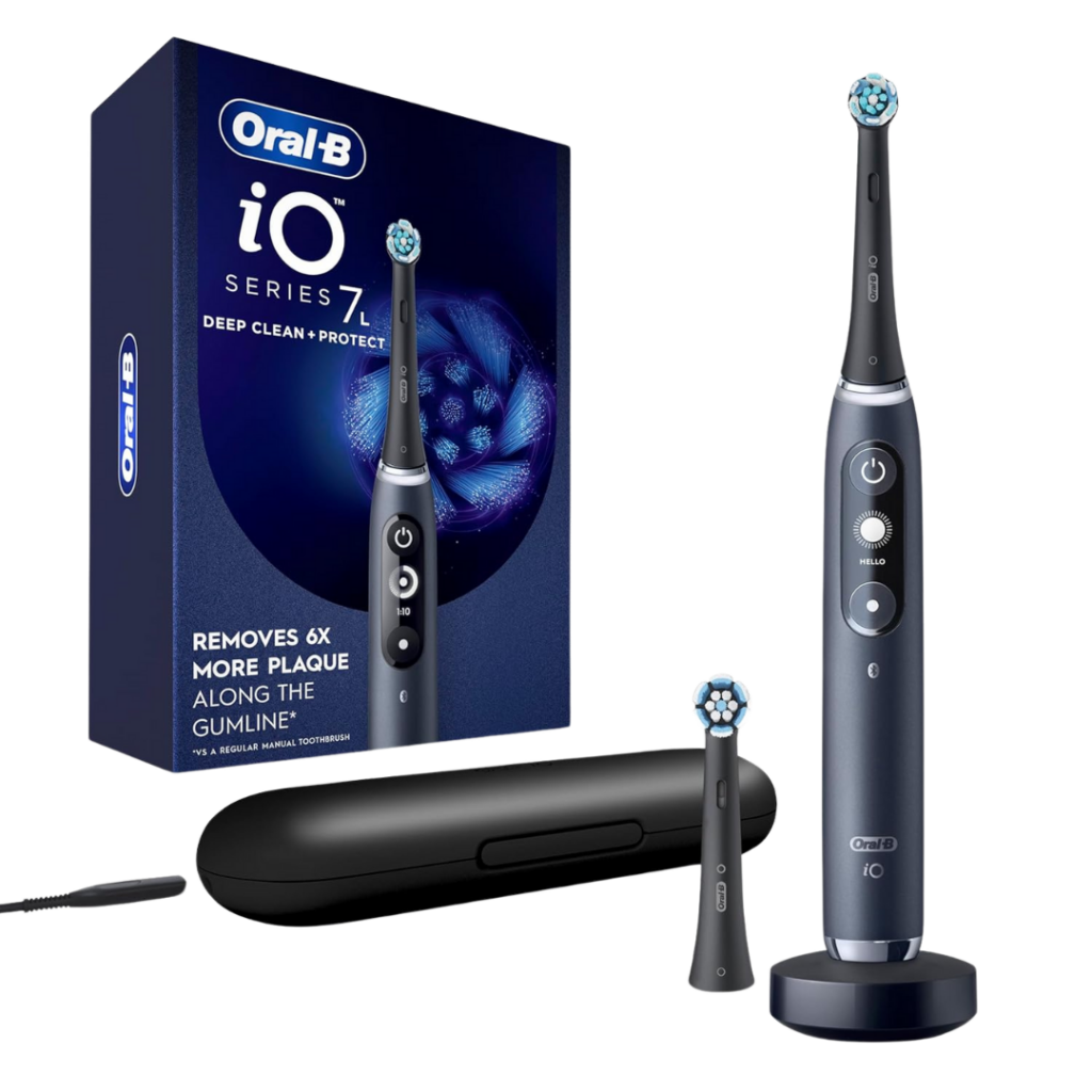 Oral-B iO Series 7 electric toothbrush in black comes with a charging base, extra brush head, travel case, and product box featuring blue graphics and text that highlights the benefits of these innovative products.