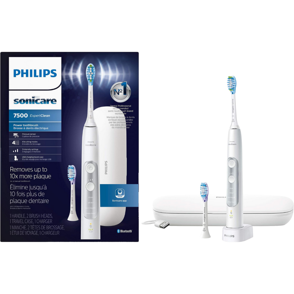 A Philips Sonicare 7500 ExpertClean electric toothbrush set, including the toothbrush, two brush heads, a charging base, and a white travel case. The products box is shown on the left with key features listed.