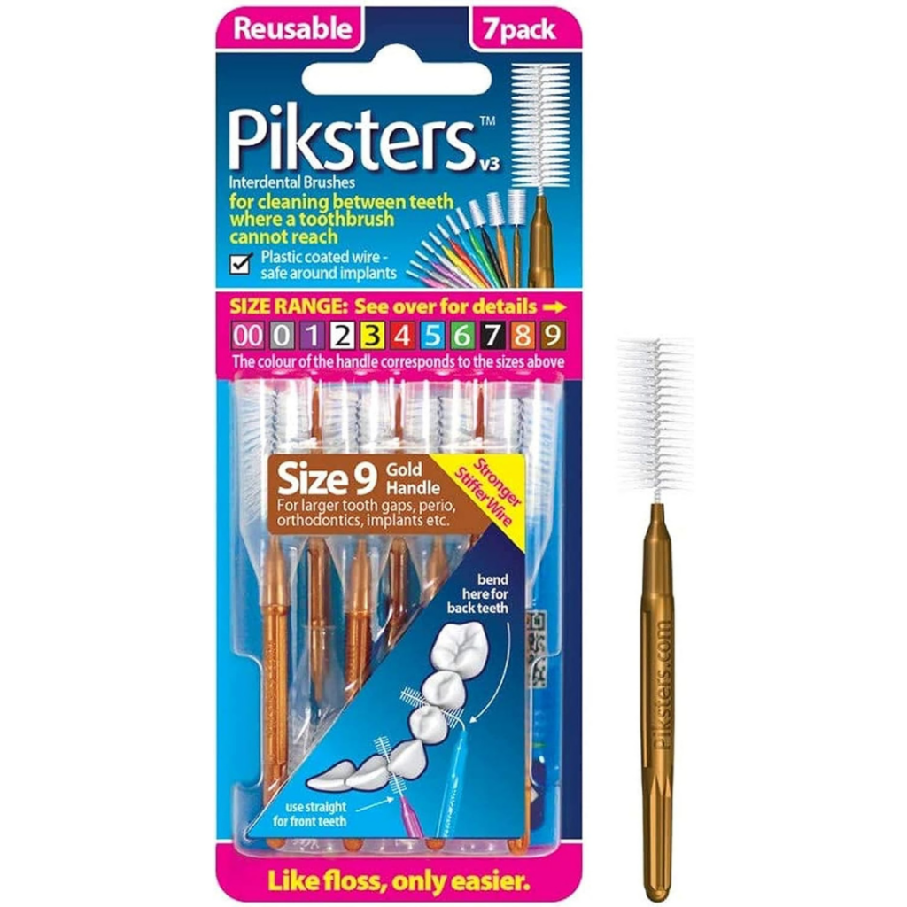 A pack of seven Piksters Size 9 gold handle interdental brushes, these products are designed for cleaning between teeth. The packaging highlights reuse, size range, and suitability for larger tooth gaps, with brush images and dental illustrations.