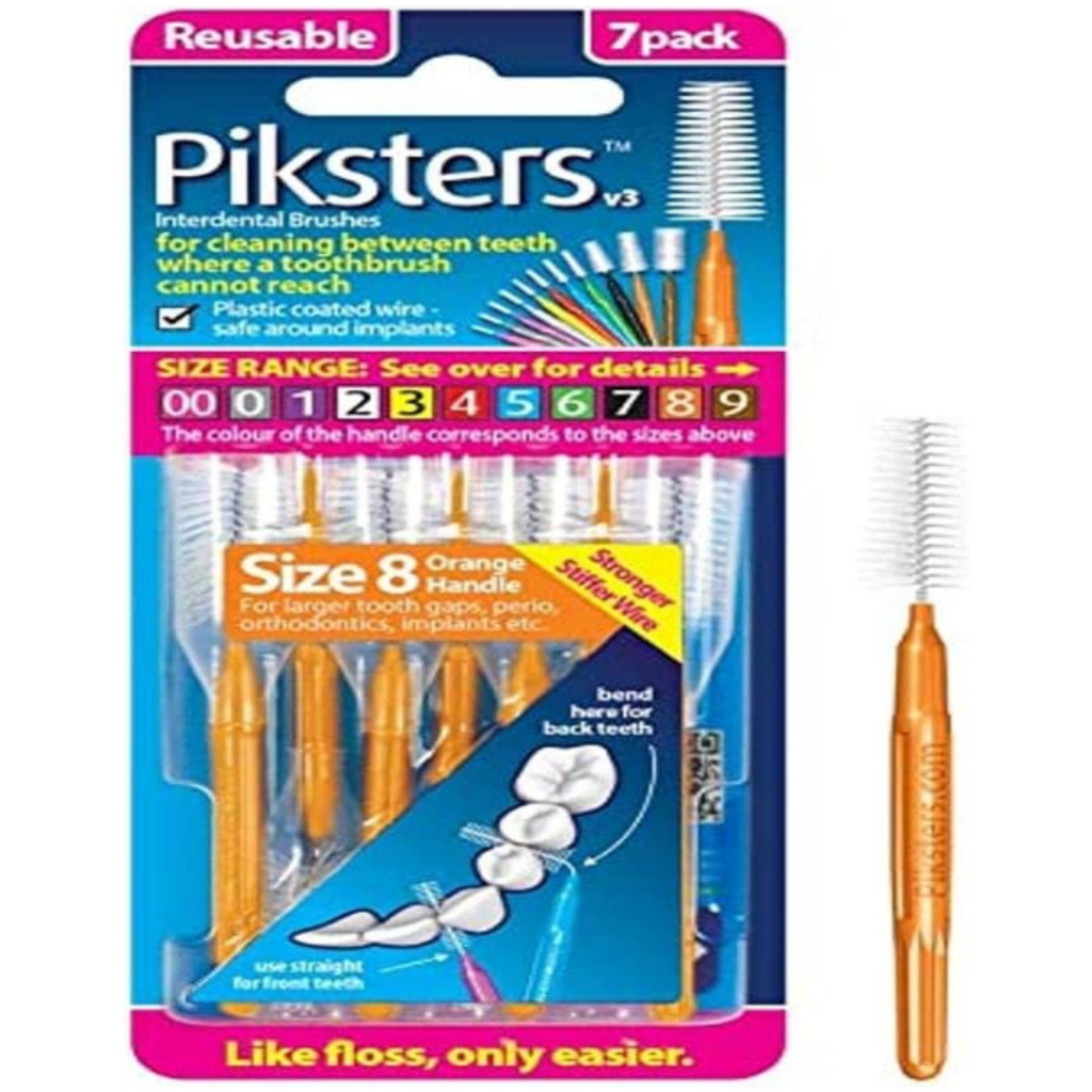 Piksters interdental brushes pack features seven orange brushes (Size 8) for cleaning between teeth. The products are ideal for larger gaps, with reusable design and a plastic coated wire for safe, effective cleaning.