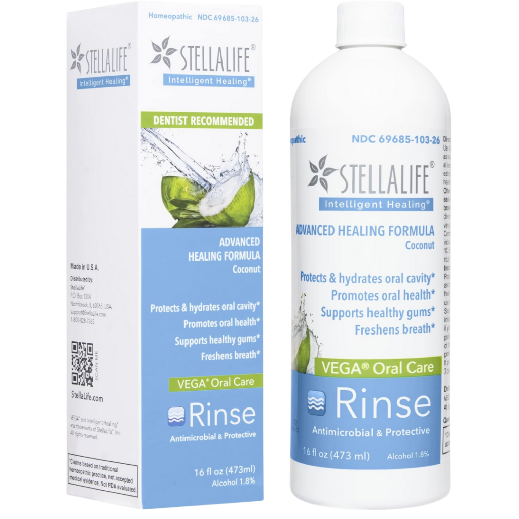 A bottle and box of StellaLife VEGA Oral Care Rinse, Advanced Healing Formula, Coconut flavor. These products feature white packaging with blue and green accents, adorned with aloe vera and coconut images.