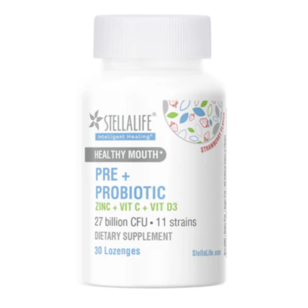 A white bottle labeled StellaLife Pre + Probiotic products, featuring zinc, vitamins C and D3, 27 billion CFU, 11 strains, and 30 lozenges. The label highlights Healthy Mouth benefits and a tasty strawberry flavor.