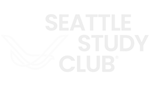 White Seattle Study Club logo on a light gray background, featuring stylized lines forming a bird to the left of the words â€œSeattle Study Clubâ€ in uppercase lettersâ€”an emblem recognized by Northern Colorado Periodontics.
