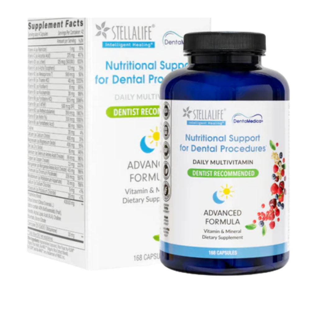 A blue bottle of StellaLife Nutritional Support for Dental Procedures products is shown in front of its box, both displaying the label and supplement facts. The bottle contains 168 capsules.